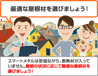 最適な屋根材を選びましょう！ートメタルは安価ながら、断熱材が入っていません。屋根の状況に応じて最適な屋根材を選びましょう！