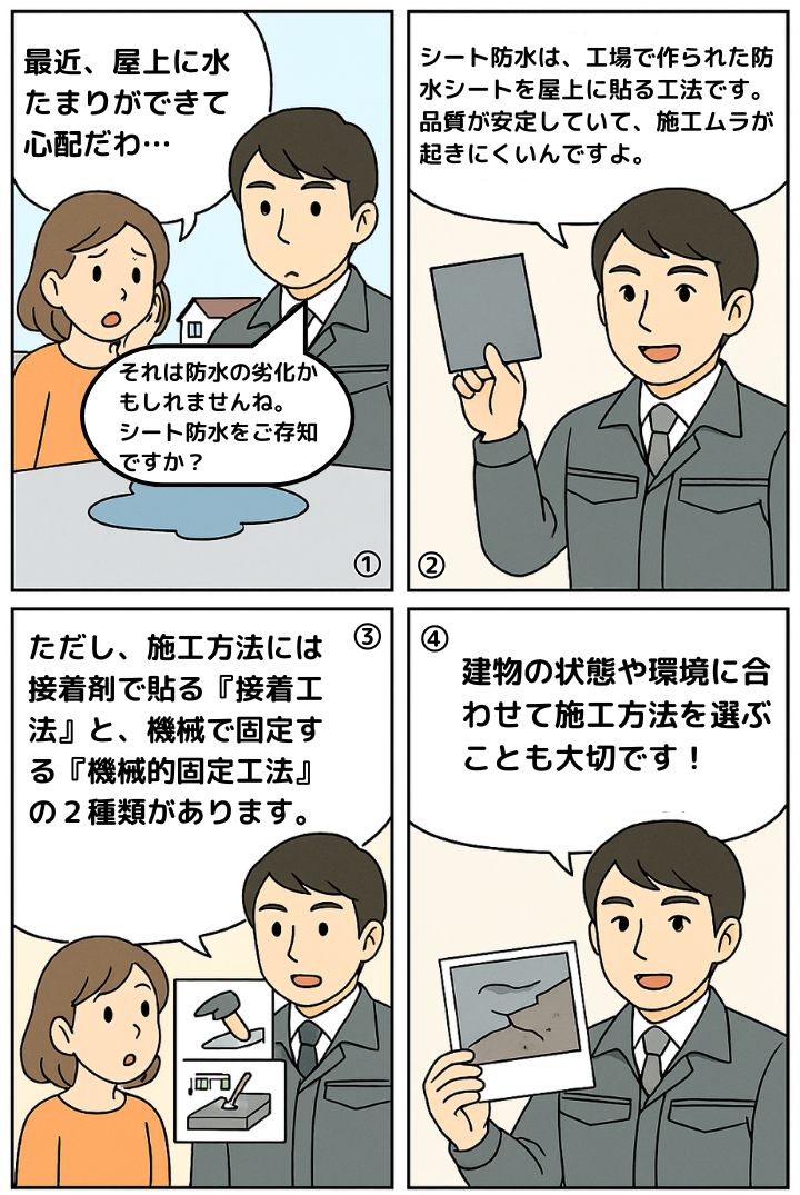 シート防水について解説する4コマ漫画
