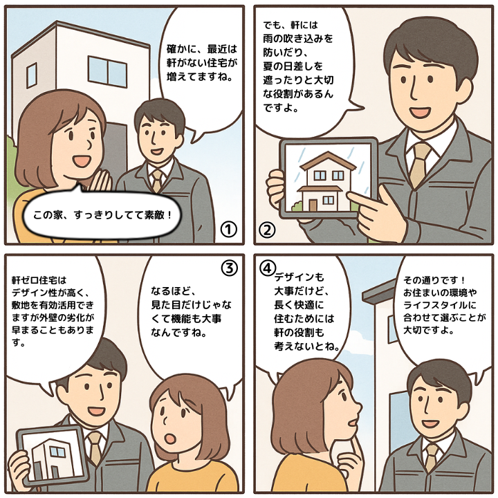 軒が無い家について解説する4コマ漫画