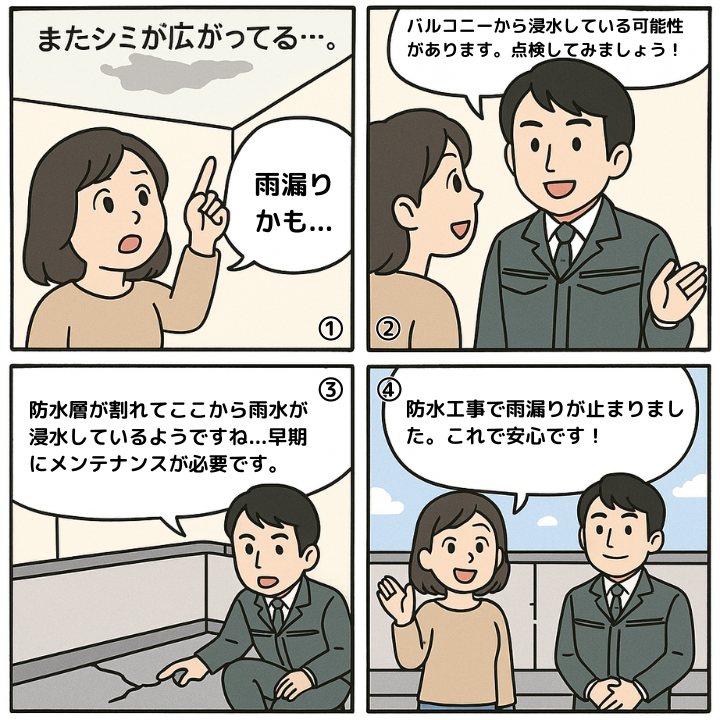 バルコニーの防水工事についての4コマ漫画