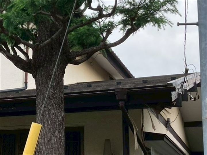 下屋根の下の室内だけでなく、軒天部分にも雨漏りの形跡が出てきています