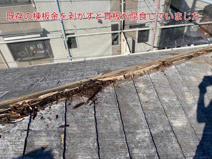既存棟板金の撤去と下地の確認