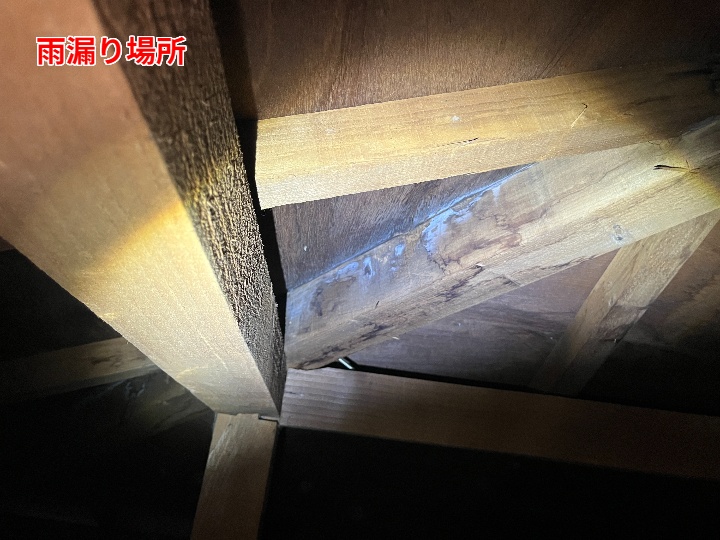屋根裏側で雨水の到達箇所を確認