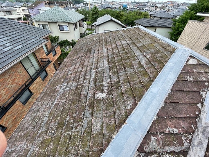 スレート屋根の広範囲な苔や汚れ