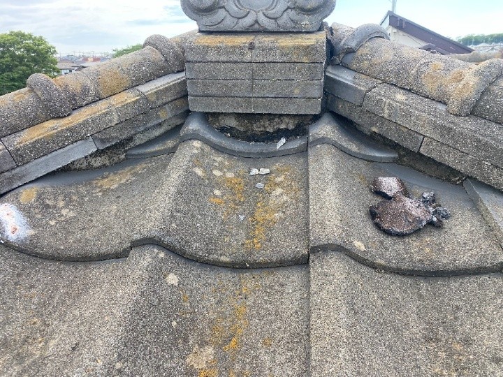 漆喰の剥離と苔の繁殖状況