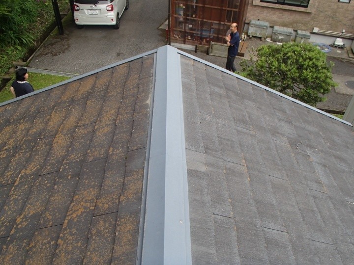 ログハウスの一部欠けたスレート屋根