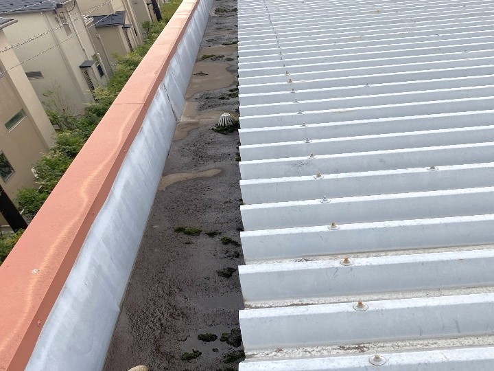 折半屋根と排水溝全体の状況確認