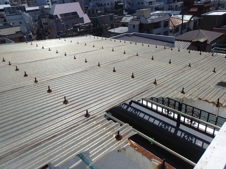 調査写真1：錆びたフックボルトと波板の劣化