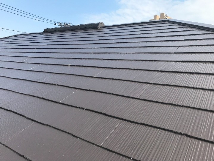 雹の影響が広く出たスレート屋根の全体観