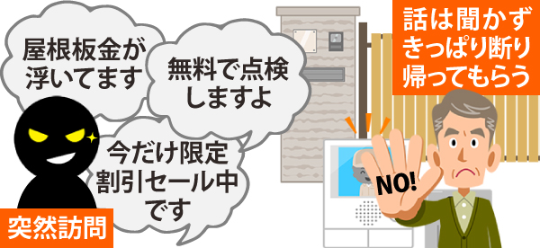 突然訪問した業者から、「屋根板金が浮いてます」「無料で点検しますよ」「今だけ限定割引セール中です」と言われても、話は聞かずきっぱり断り帰ってもらいましょう